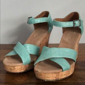 Toms Metallic Linen Wedges in Light Blue